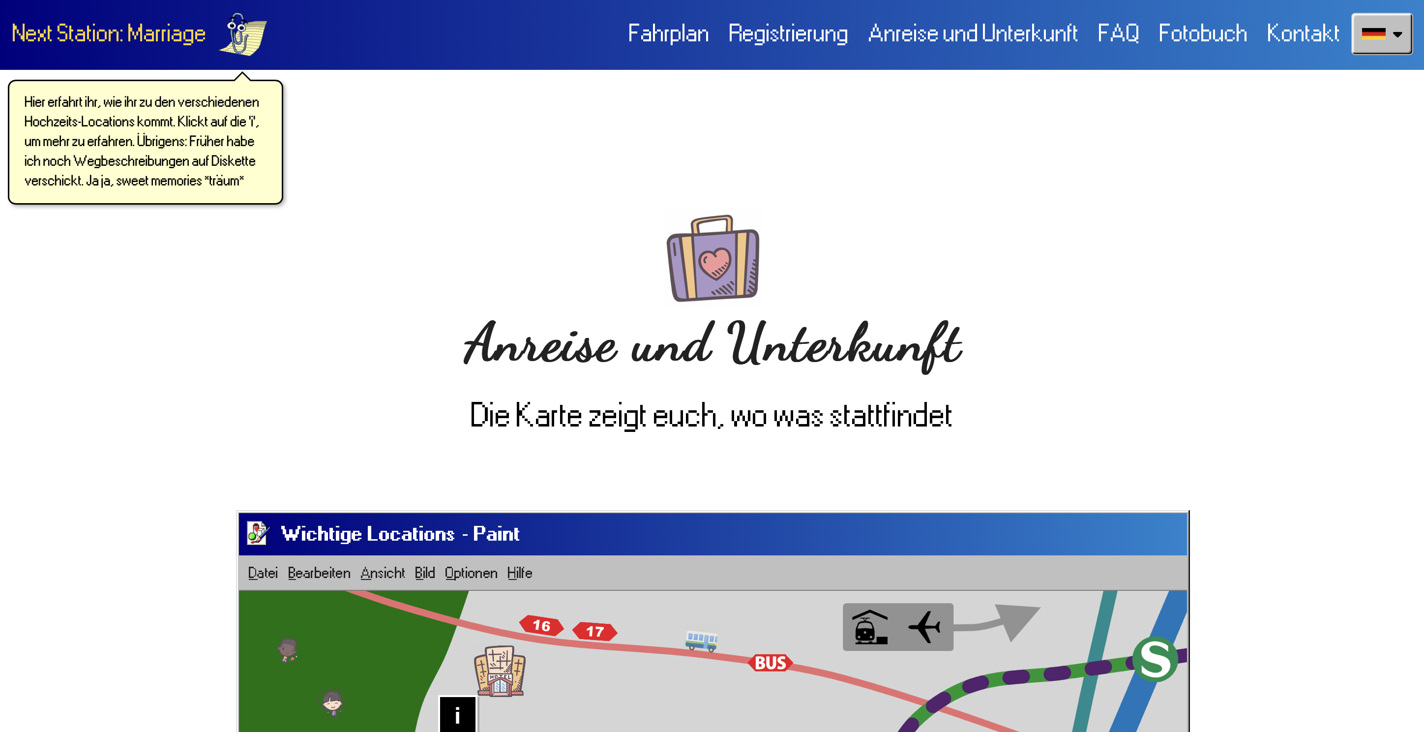Die Hochzeitswebsite mit Windows-95-Interface und einer Karte eingebettet in ein Paint-Fenster